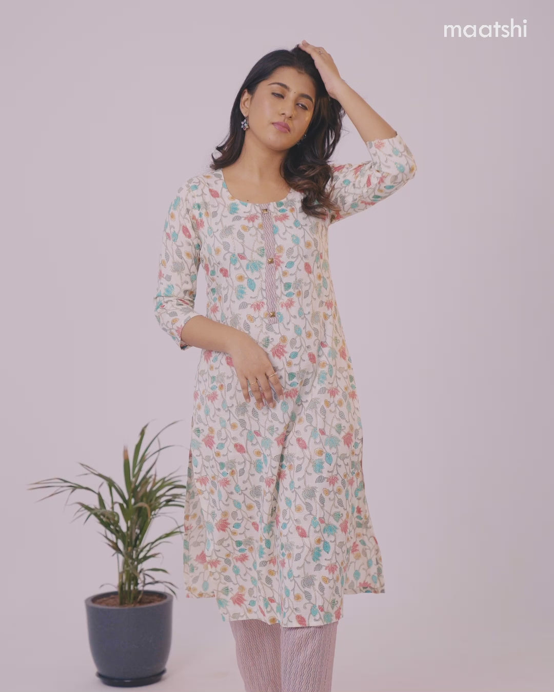 Rayon kurti set off white and teal blue red with allover floral prints & simple neck pattern and straight cut pant