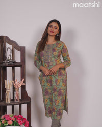 Cotton readymade kurti set pastel green and pastel purple with allover floral prints & embroidery mirror work neck pattern and straight cut pant