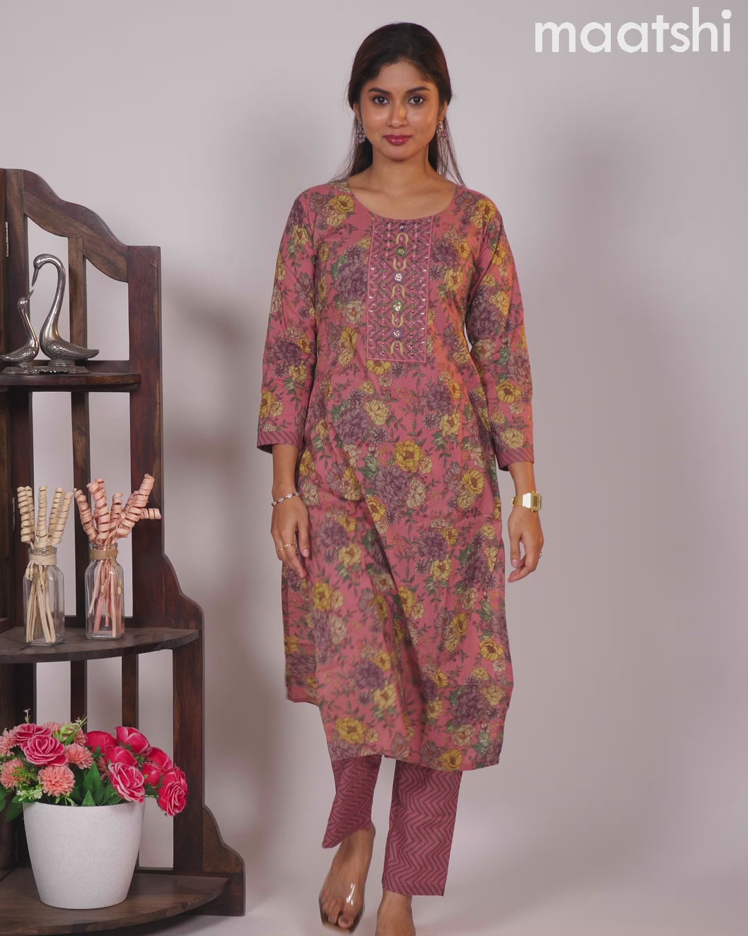 Cotton readymade kurti set pastel pink and pastel purple with allover floral prints & embroidery mirror work neck pattern and straight cut pant