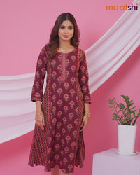 Cotton readymade A-line kurti maroon with allover floral buttas & embroidery sequin work neck pattern and without pant