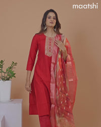Cotton salwar suit red with self emboss & embroidery mirror work neck pattern and straight cut pant & banarasi dupatta