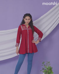 Cotton short kurti maroon with plain body & embroidery work collar neck pattern and without pant