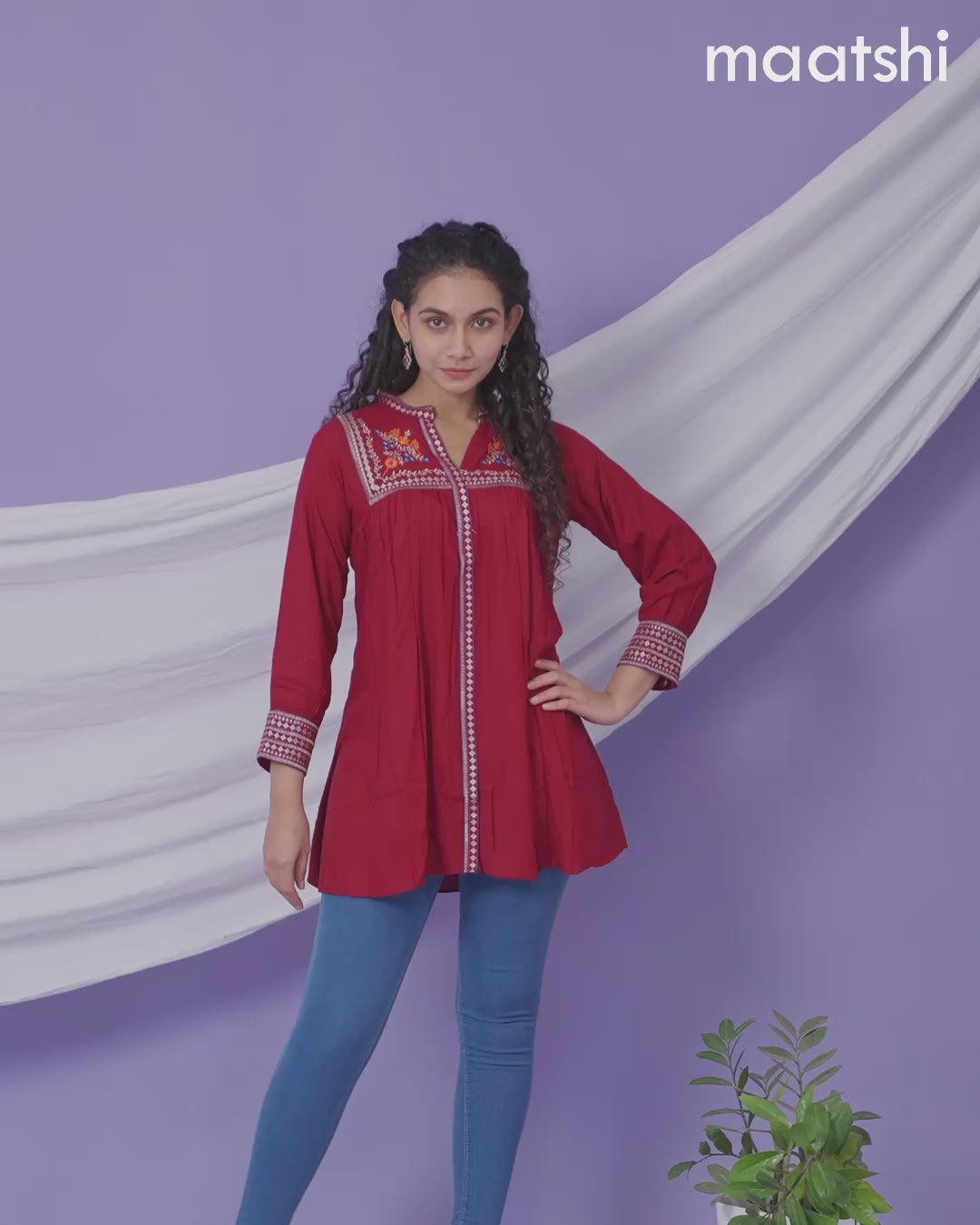 Cotton short kurti maroon with plain body & embroidery work collar neck pattern and without pant