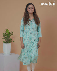 Cotton readymade kurti teal blue with allover prints & embroidery mirror work v neck pattern without pant