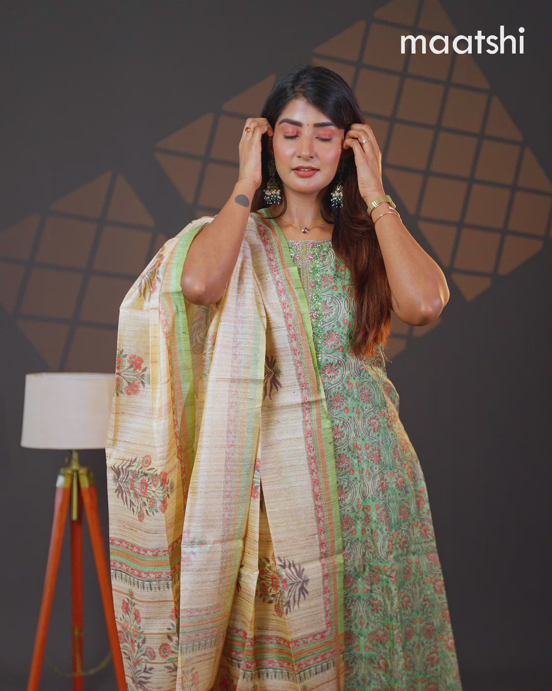 Chanderi readymade anarkali salwar suit green with allover kalamkari prints & zardosi beaded work neck pattern and straight cut pant & dupatta sleeve attached