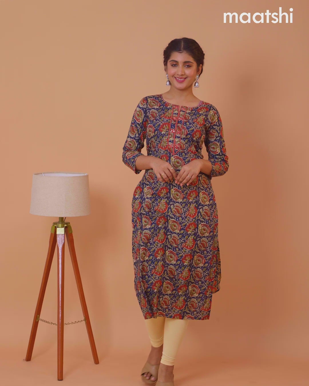 Cotton kurti dark blue and maroon with kalamkari prints & embriodery sequin work neck pattern and without pant