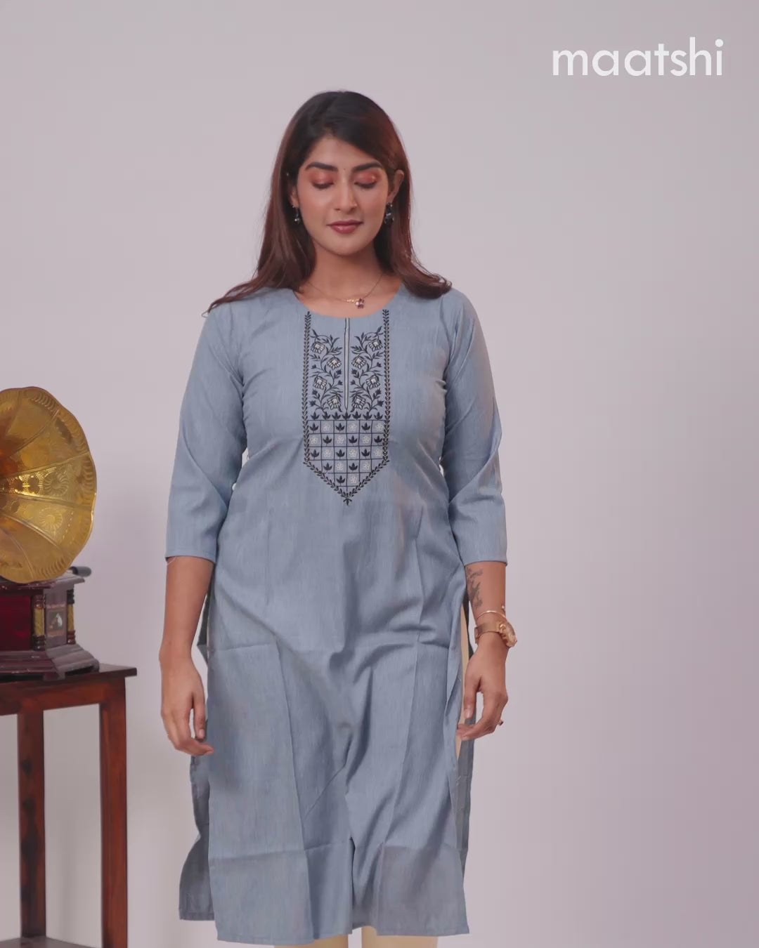 Rayon kurti grey with embroidery work neck pattern without pant