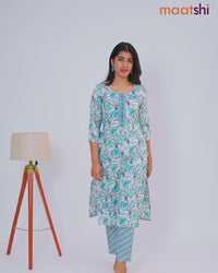 Rayon cotton readymade kurti set cream and teal blue green with allover floral prints & embroidery work neck pattern and straight cut pant
