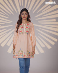 Cotton umbrella short kurti peach orange with plain body & embroidery work neck pattern and without pant
