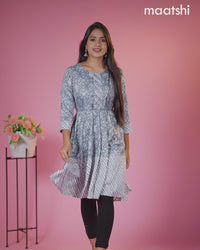 Cotton readymade short umbrella kurti grey with allover floral batik prints & embroidery work neck pattern without pant