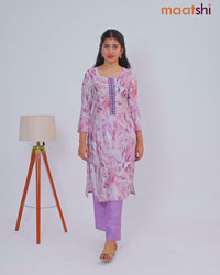 Rayon cotton readymade kurti set off white and lavender with allover prints & embroidery mirror work neck pattern and straight cut pant