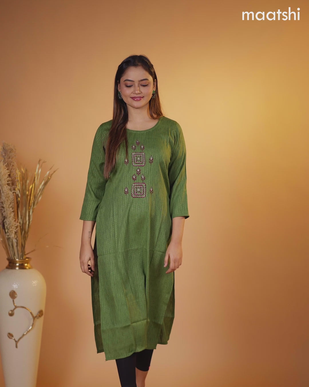 Rayon kurti green with embroidery work neck pattern without pant