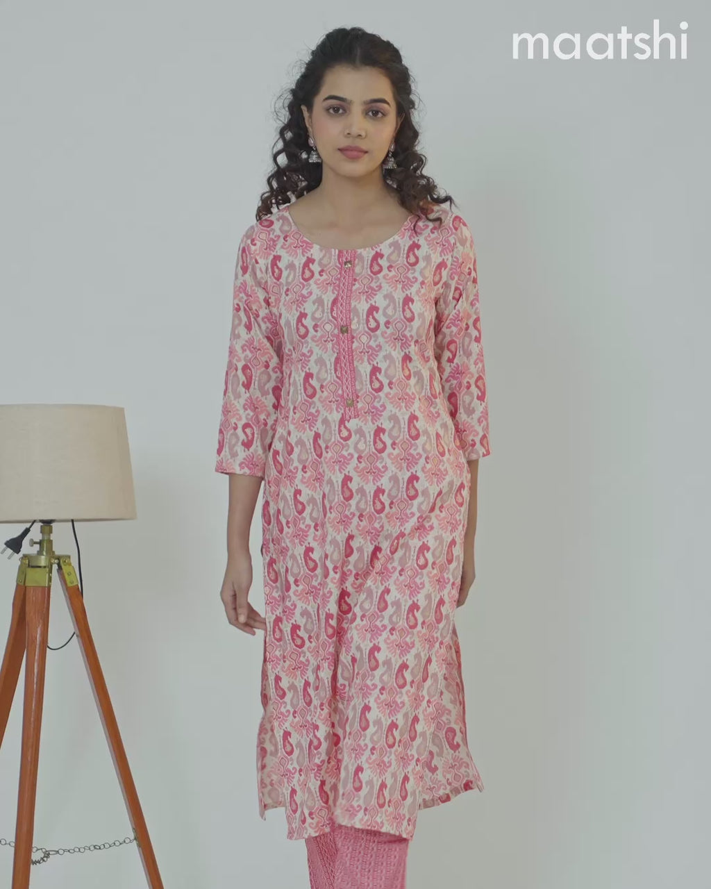 Rayon kurti set cream and pink with allover ikat prints & patch work neck pattern and straight cut pant