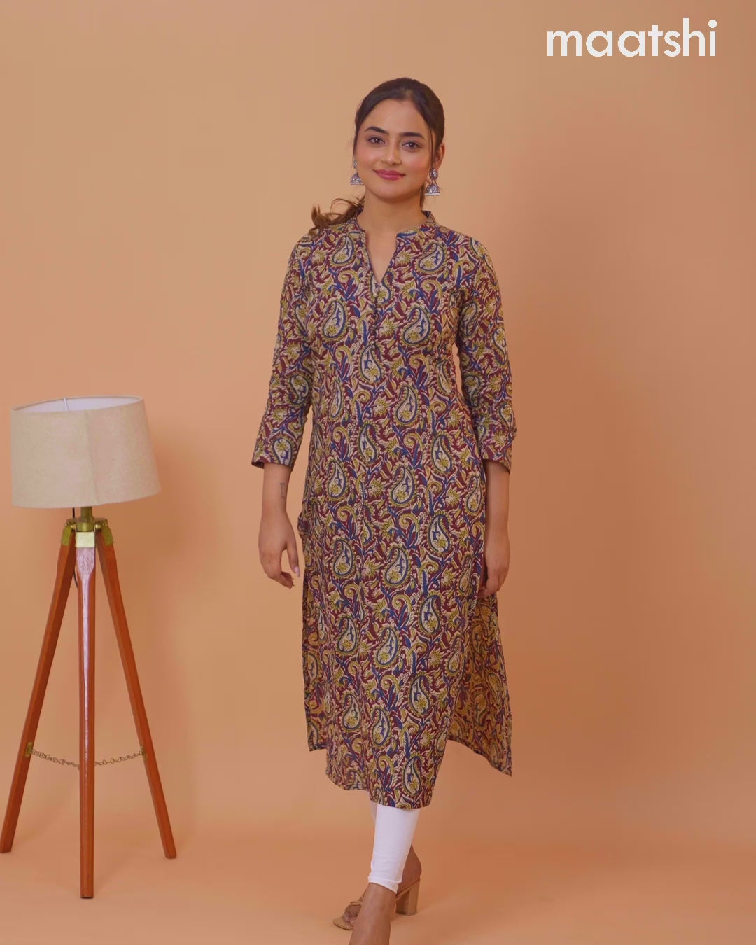 Cotton kurti deep maroon with kalamkari prints & simple neck pattern and without pant