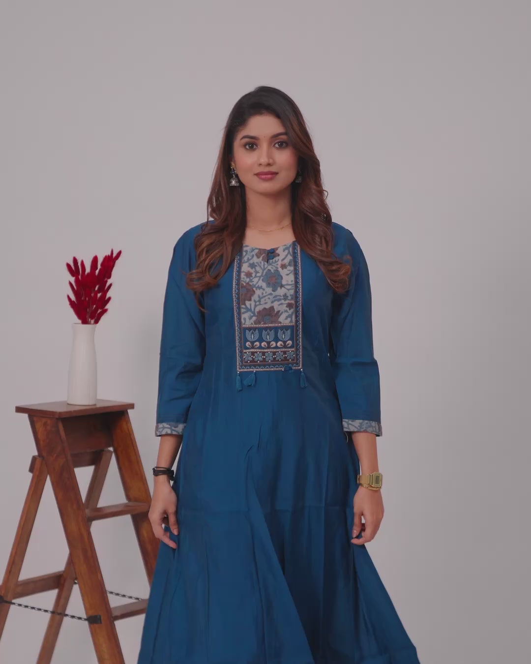 Muslin umbrella kurti peacock blue with embroidery work neck pattern and straight cut pant