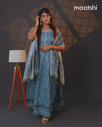 Chanderi readymade anarkali suit blue shade and  with allover prints & simple embroidery neck design and straight cut pant & dupatta