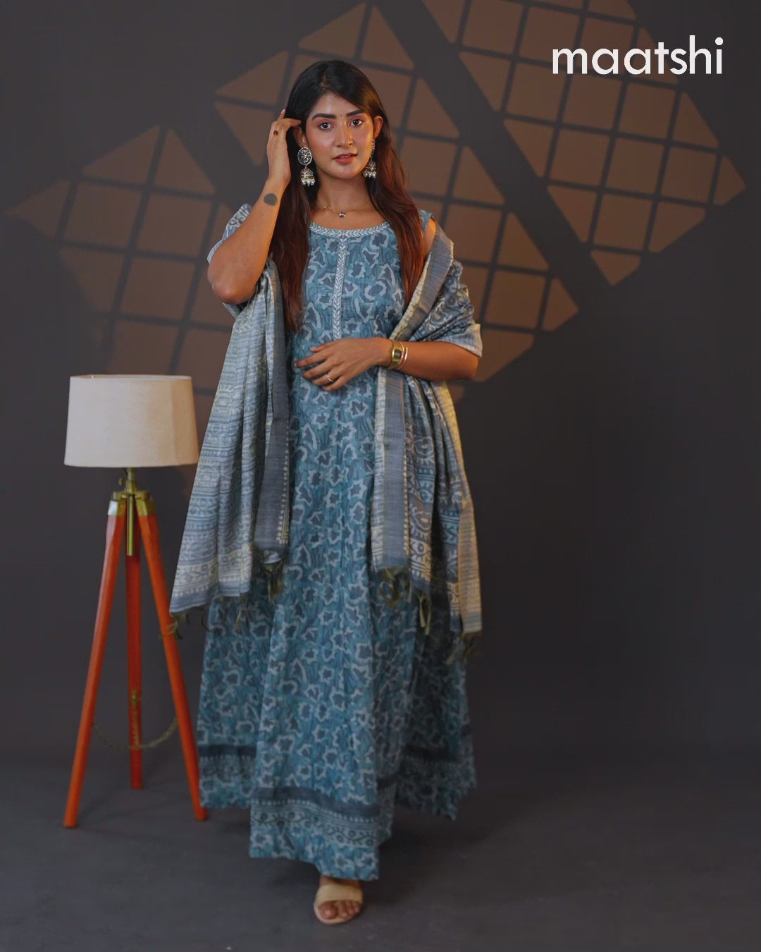 Chanderi readymade anarkali suit blue shade and  with allover prints & simple embroidery neck design and straight cut pant & dupatta