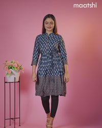 Modal readymade short umbrella kurti peacock blue with allover prints & simple embroidery work neck pattern without pant