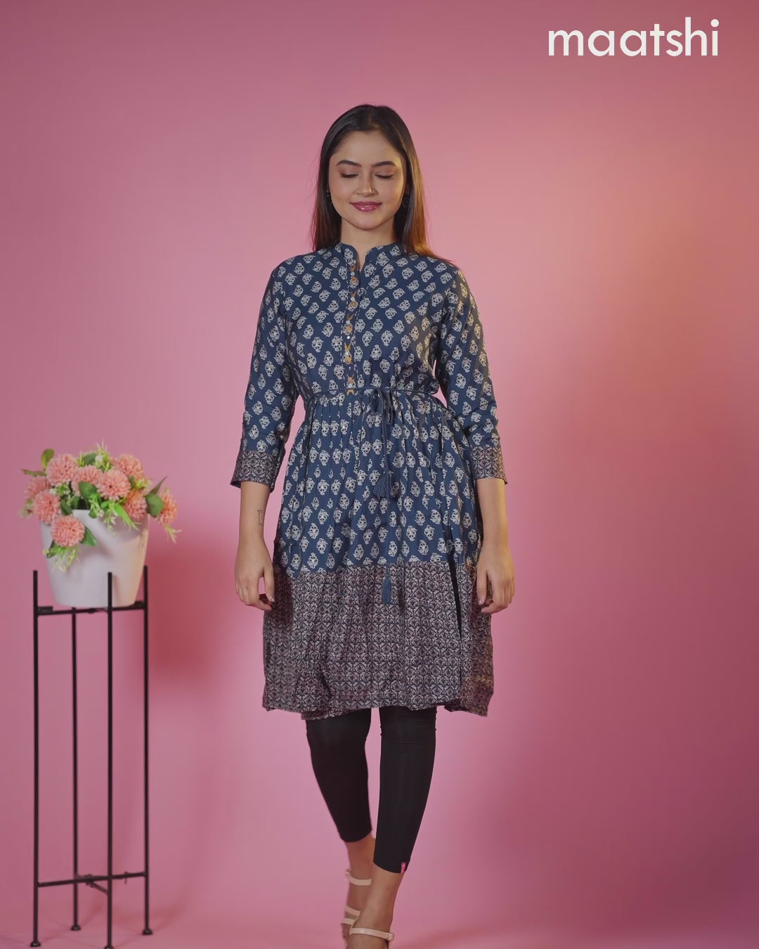 Modal readymade short umbrella kurti peacock blue with allover prints & simple embroidery work neck pattern without pant