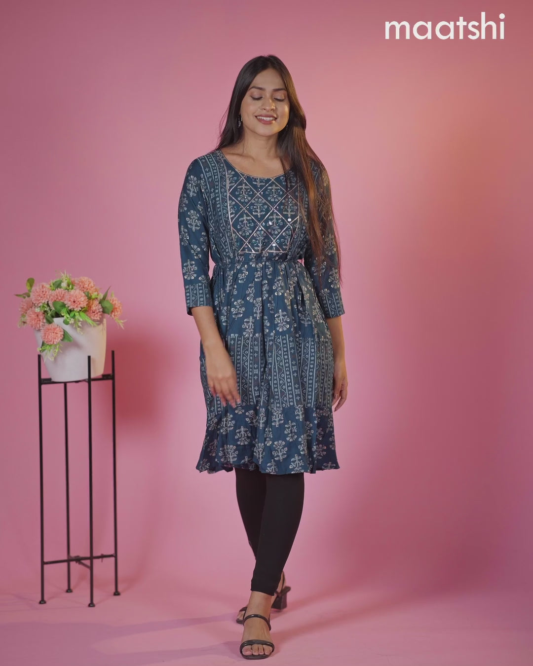 Muslin reaymade short umbrella kurti peacock blue with allover prints & mirror work neck pattern without pant