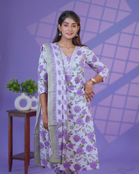 Cotton readymade salwar suit mild lavender with allover floral prints & embroidery mirror v work neck pattern and straight cut pant & dupatta