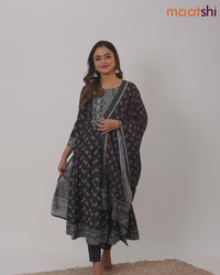 Muslin readymade anarkali salwar suits black with allover bandhani prints & sequin work neck pattern and straight cut pant & printed dupatta