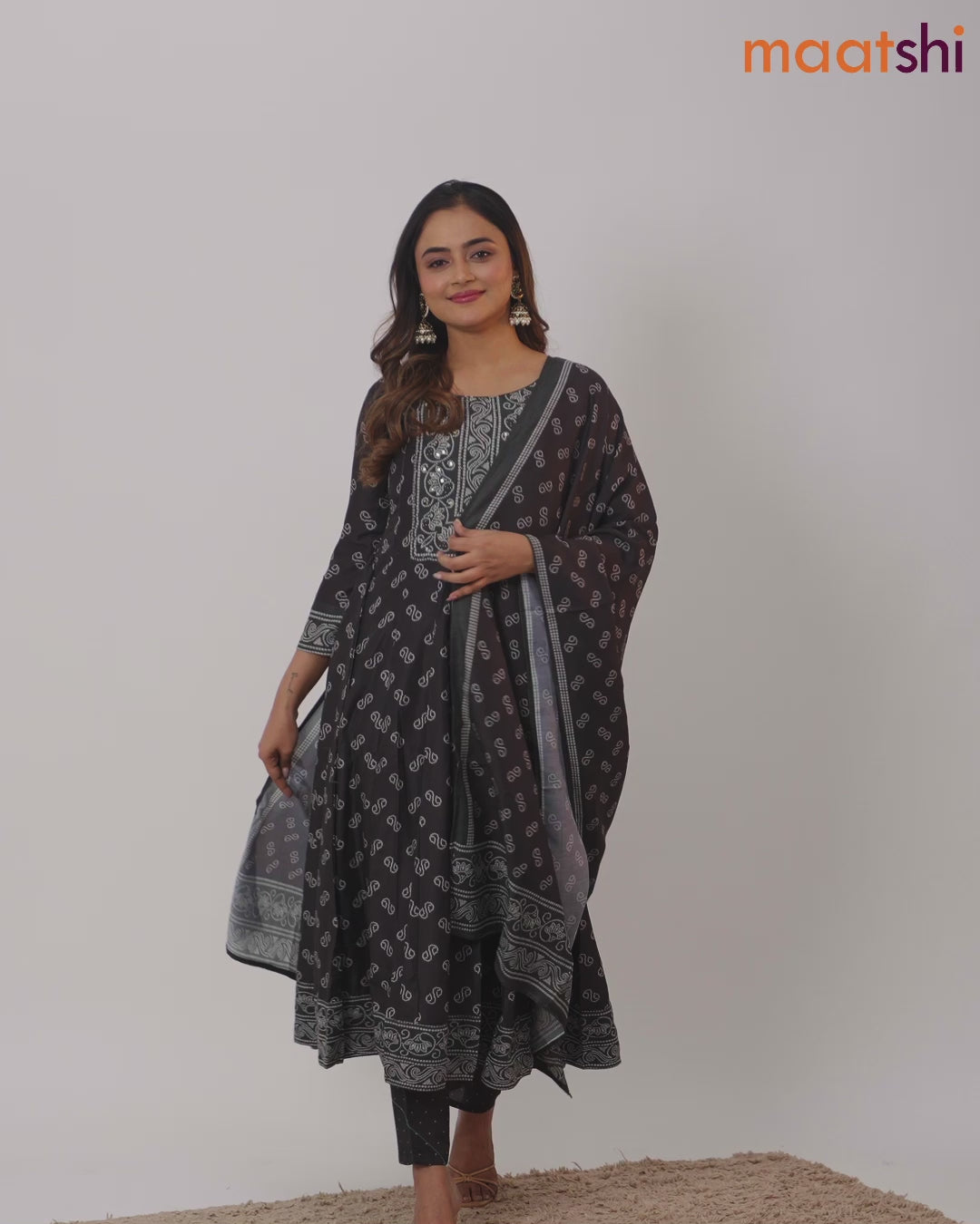 Muslin readymade anarkali salwar suits black with allover bandhani prints & sequin work neck pattern and straight cut pant & printed dupatta