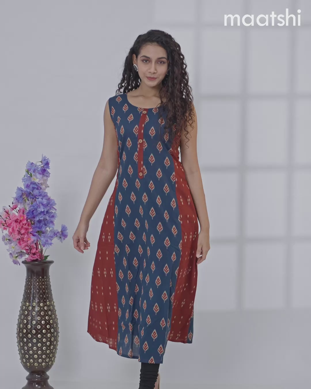 Cotton anarkali kurti blue and with ikat butta prints without pant