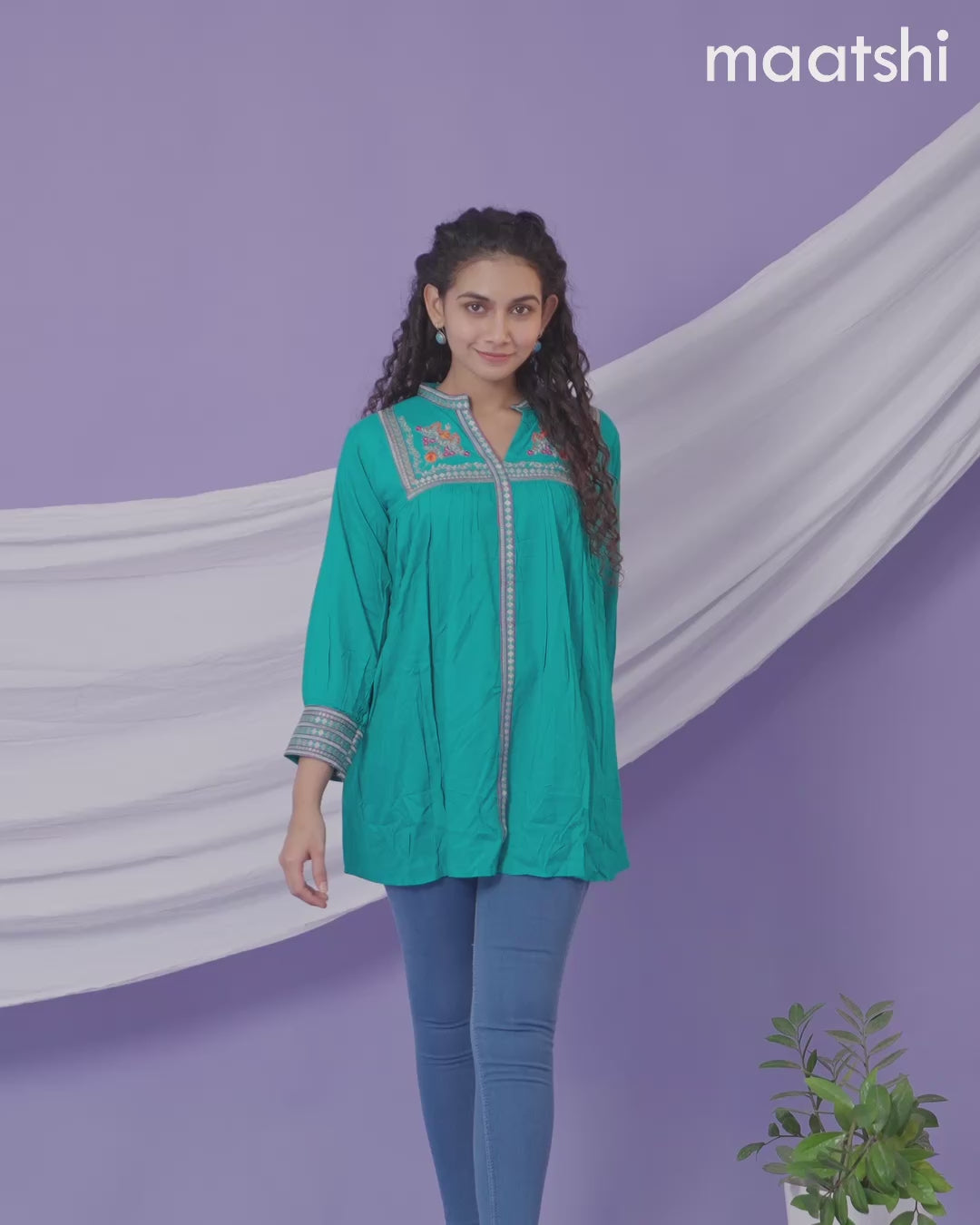 Cotton short kurti teal green with plain body & embroidery work collar neck pattern and without pant