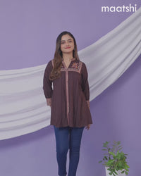 Cotton short kurti deep coffee brown with plain body & embroidery work collar neck pattern and without pant