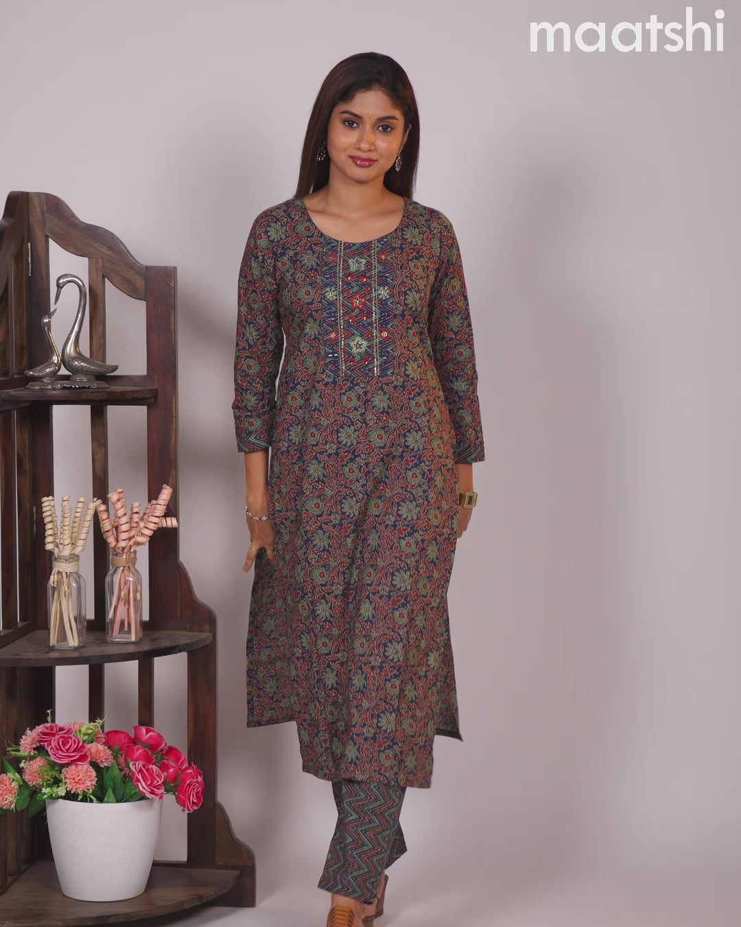 Cotton readymade kurti set blue and maroon with allover kalamkari prints & embroidery mirror work neck pattern and straight cut pant