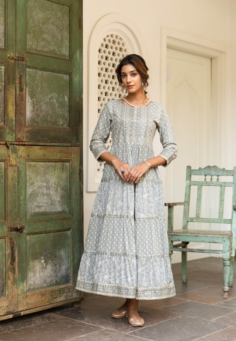Cotton readymade anarkali kurti grey with allover prints & embroidery work neck pattern without pant
