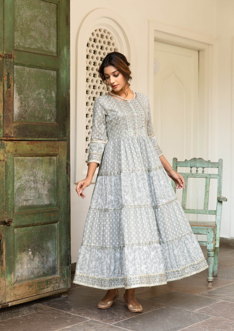 Cotton readymade anarkali kurti grey with allover prints & embroidery work neck pattern without pant