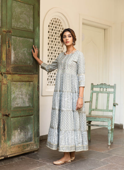 Cotton readymade anarkali kurti grey with allover prints & embroidery work neck pattern without pant