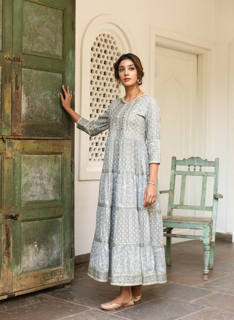 Cotton readymade anarkali kurti grey with allover prints & embroidery work neck pattern without pant