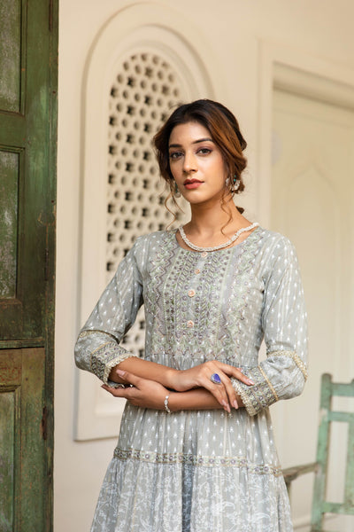 Cotton readymade anarkali kurti grey with allover prints & embroidery work neck pattern without pant