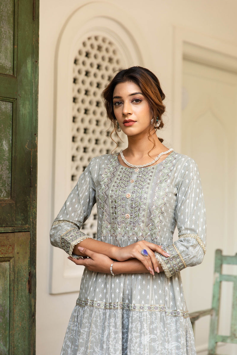 Cotton readymade anarkali kurti grey with allover prints & embroidery work neck pattern without pant