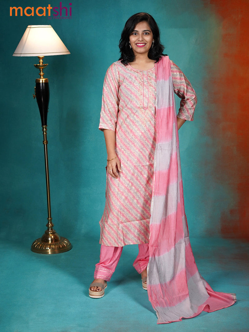 Muslin readymade kurti set grey shade and pink shade with allover prints & embroidery neck pattern and straight cut pant & dupatta