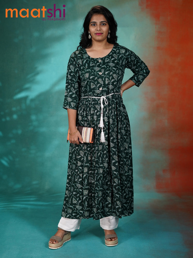 Cotton umbrella readymade kurti dark green with allover prints & simple neck pattern without pant