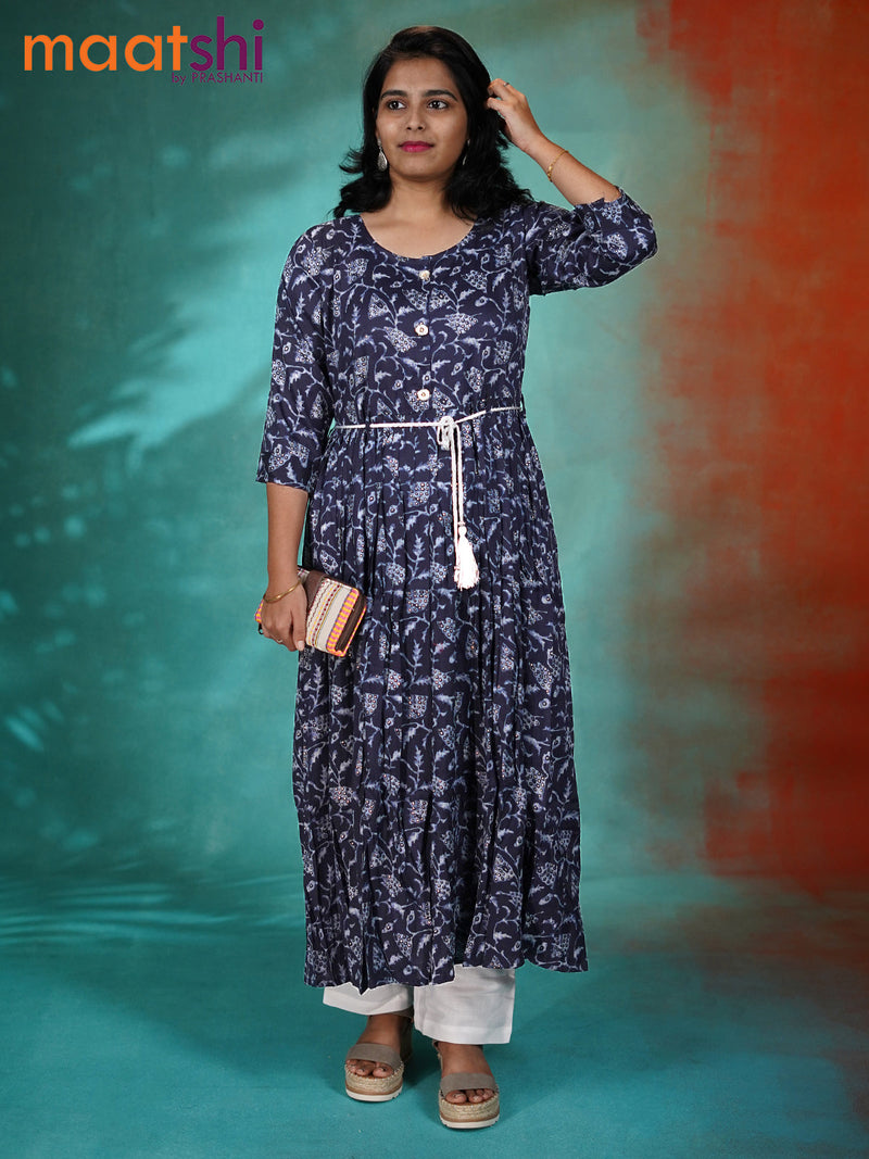 Cotton umbrella readymade kurti navy blue with allover prints & simple neck pattern without pant