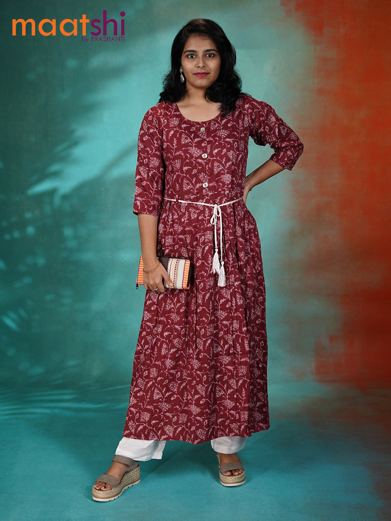 Cotton umbrella readymade kurti maroon with allover prints & simple neck pattern without pant
