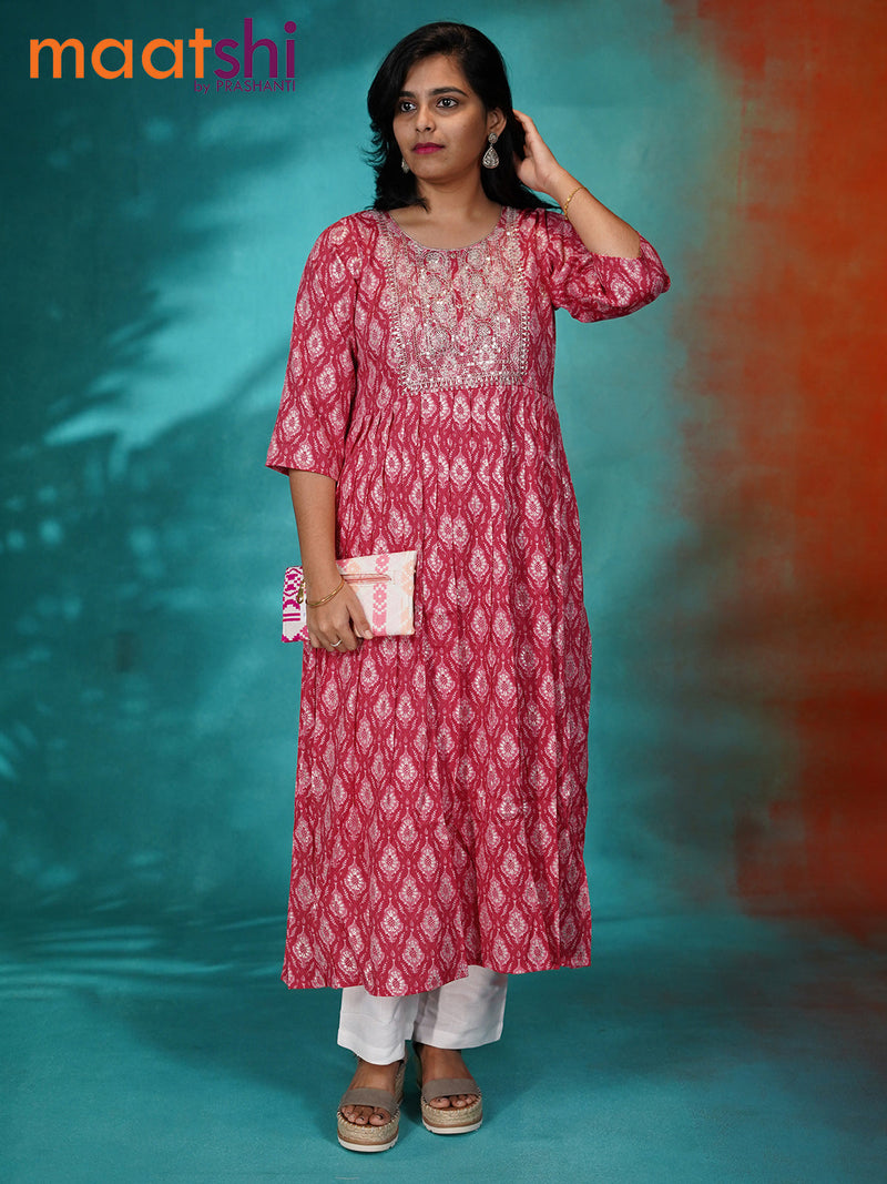 Cotton umbrella readymade kurti red and peach pink with allover prints & sequin work neck pattern without pant
