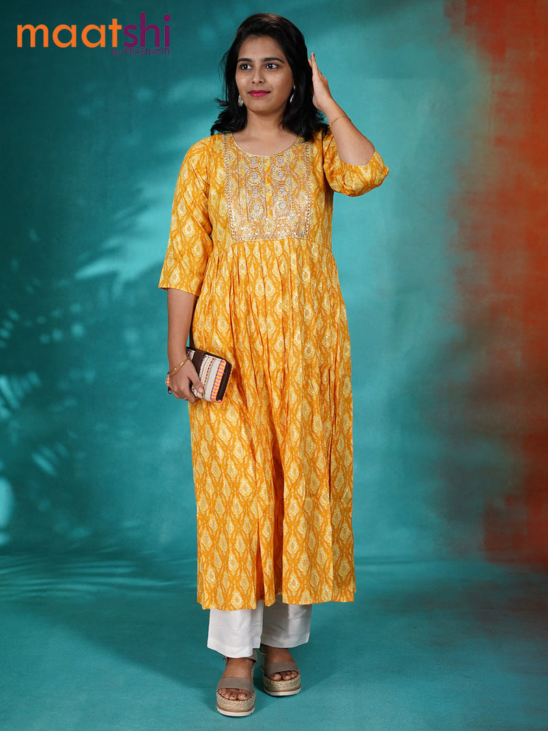 Cotton umbrella readymade kurti mustard yellow with allover prints & sequin work neck pattern without pant