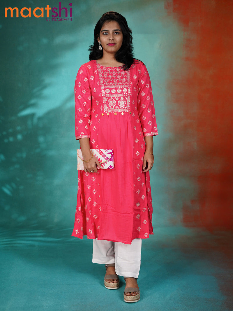 Cotton umbrella readymade kurti pink with allover prints & simple neck pttern without pant