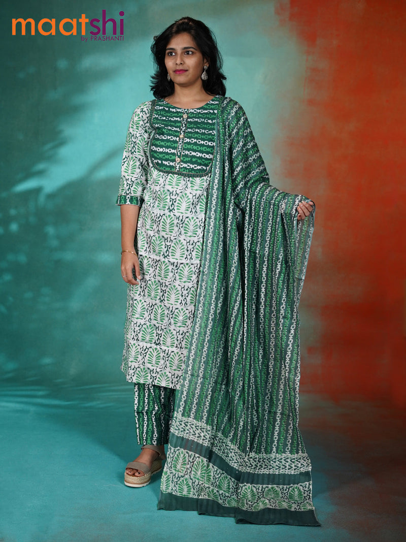 Modal readymade kurti set off white and dark green with allover prints & simple neck pattern and straight cut pant & cotton dupatta