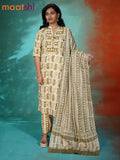 Modal readymade kurti set off white and mehendi green with allover prints & gottapatti lace work neck pattern and straight cut pant & cotton dupatta