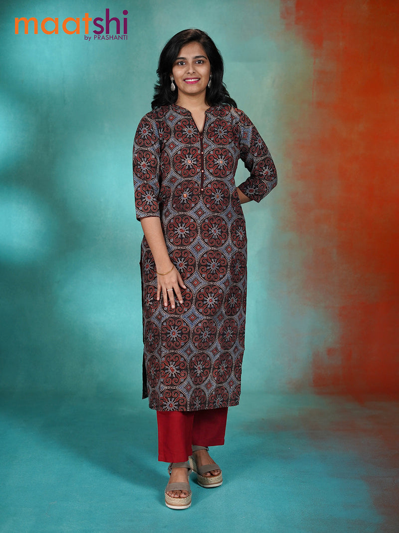 Cotton readymade kurti black with allover ajrakh prints & gottapatti lace work neck pattern without pant