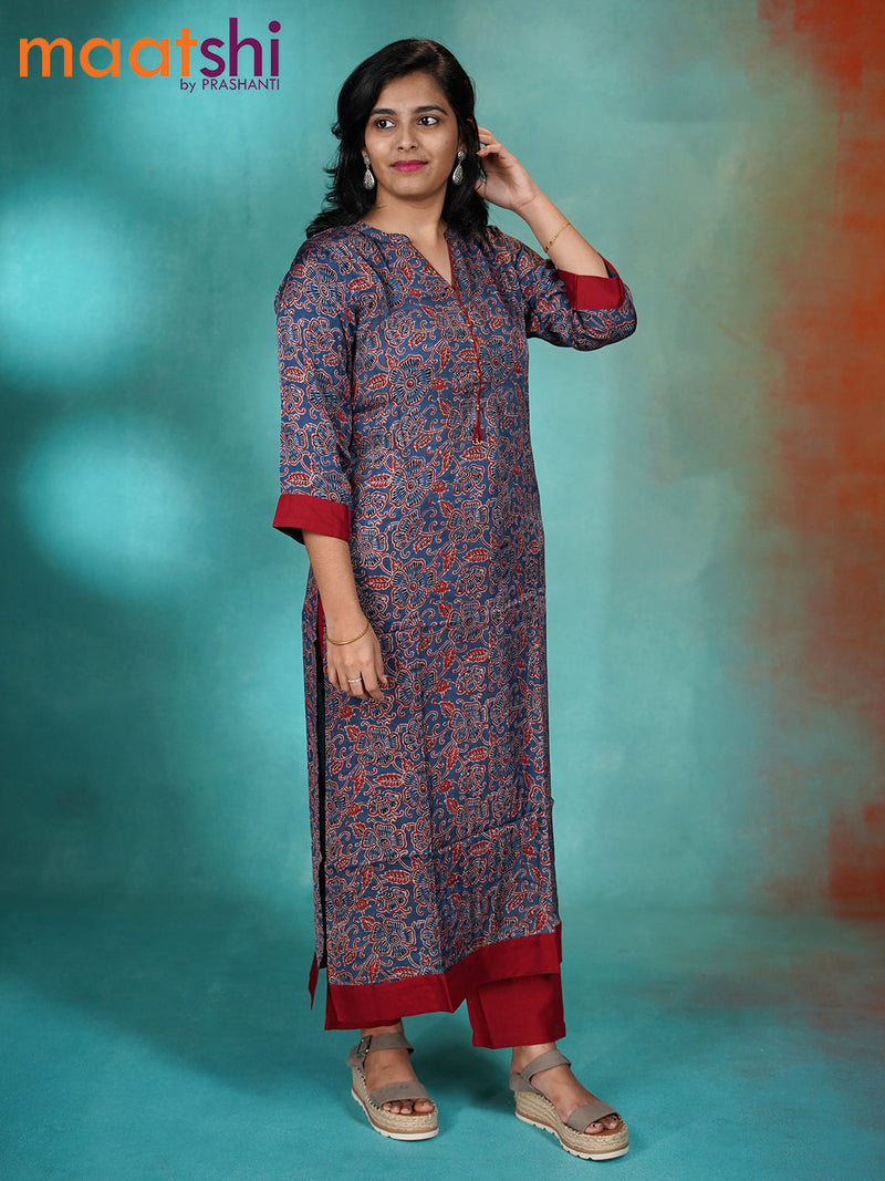 Modal readymade kurti blue and maroon with floral prints & simple neck pattern without pant