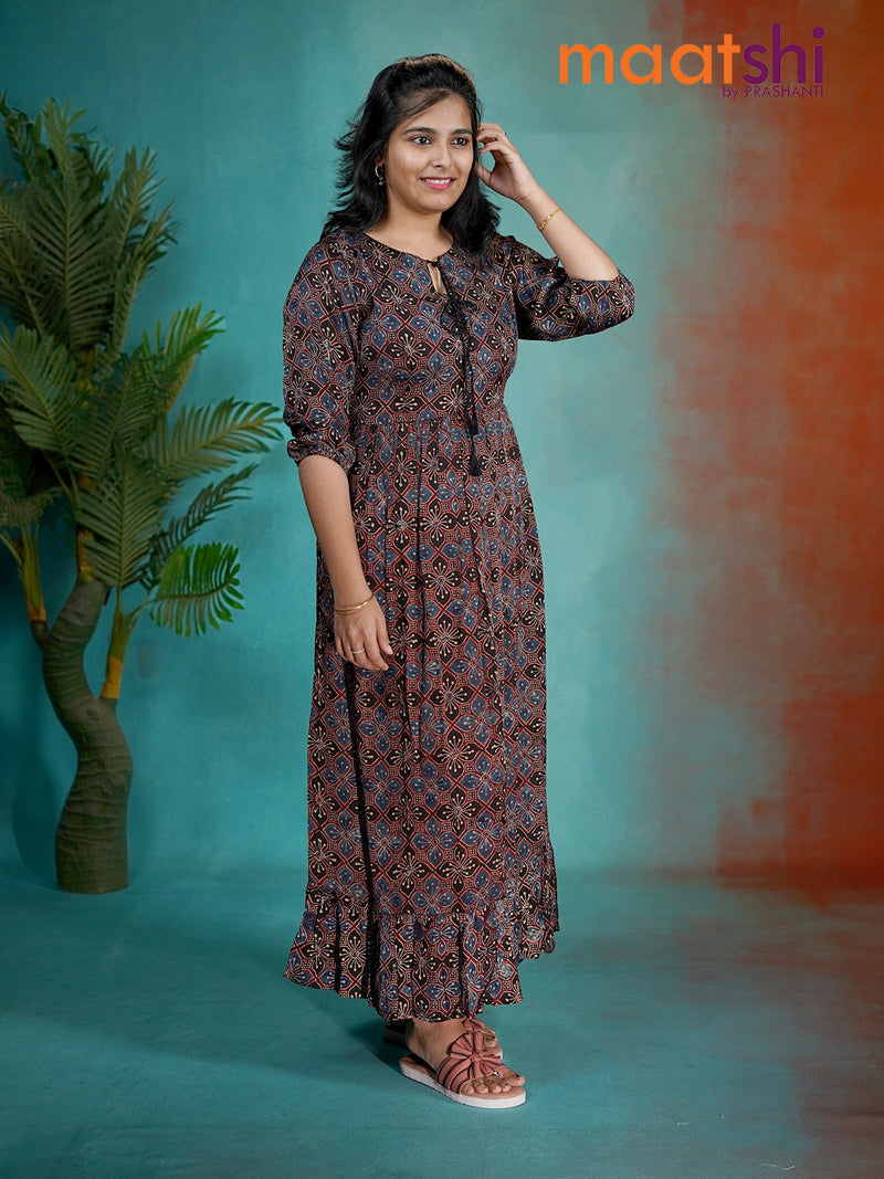 Modal umbrella readymade kurti black and blue with allover ajrakh prints without pant
