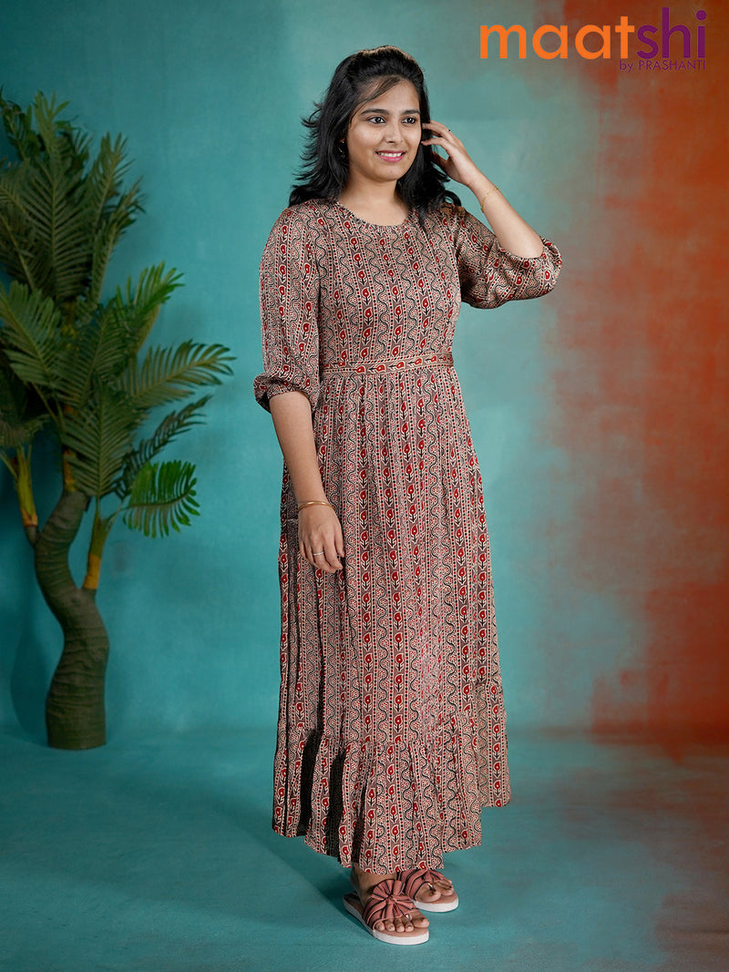 Modal umbrella readymade kurti pastel brown with allover ajrakh prints without pant